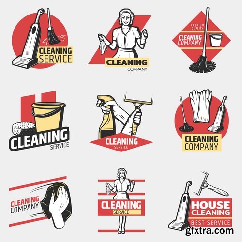 Collection of logo cleaning company business card icon means for cleaning and washing 25 EPS