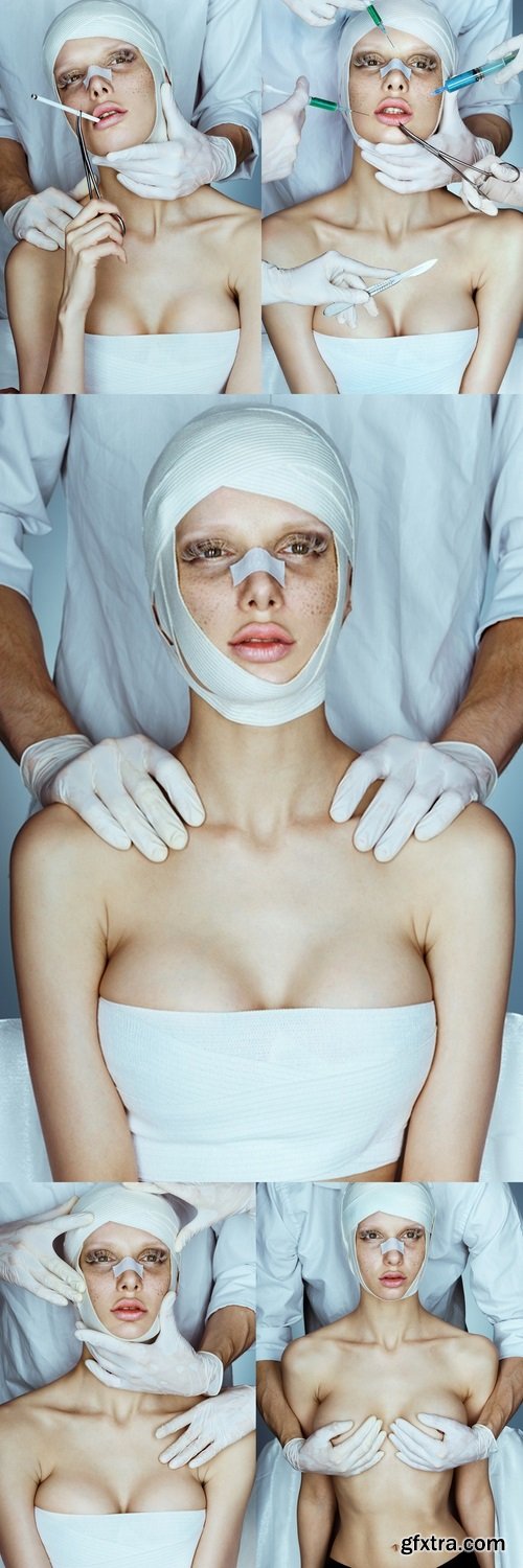 Beauty victim wrapped in medical bandages while doctors with syringes and scalpels near her face. Beauty concept