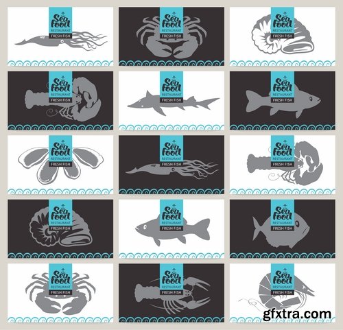Collection of sturgeon fish icon flyer logo banner 25 EPS
