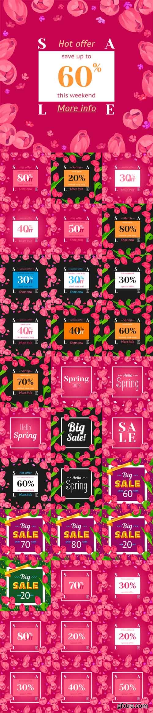 Vector Set - Festive Frame Decorated with Pink Tulips. Limited Offer Percent Off