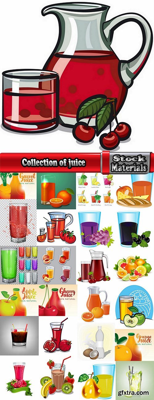 Collection of juice fruits vegetables healthy drink vitamin printing on a postcard 25 EPS