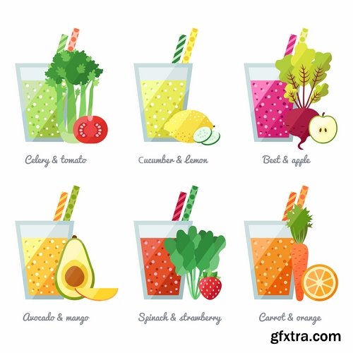 Collection of juice fruits vegetables healthy drink vitamin printing on a postcard 25 EPS