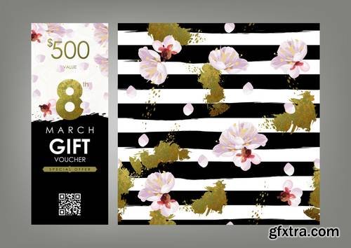 International Women s Day - Gift Certificate, Voucher, Coupon Template with Plum Tree Flovers, Stripe Pattern and Shabby Gold Texture