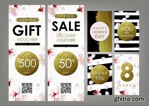 International Women s Day - Gift Certificate, Voucher, Coupon Template with Plum Tree Flovers, Stripe Pattern and Shabby Gold Texture