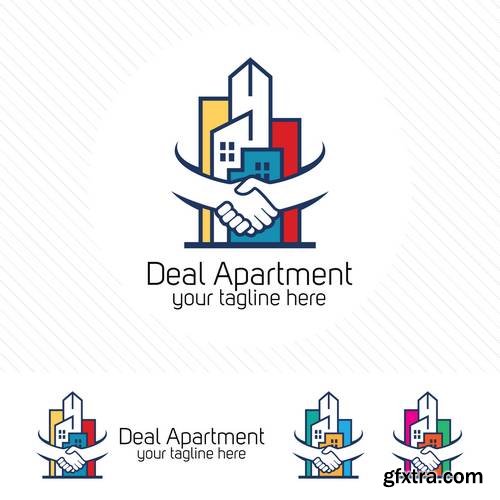 Property Deal Logo Design Vector - Real Estate or Apartment Trading Concept with Hand Shake Symbol