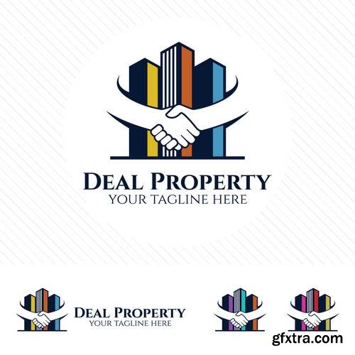 Property Deal Logo Design Vector - Real Estate or Apartment Trading Concept with Hand Shake Symbol