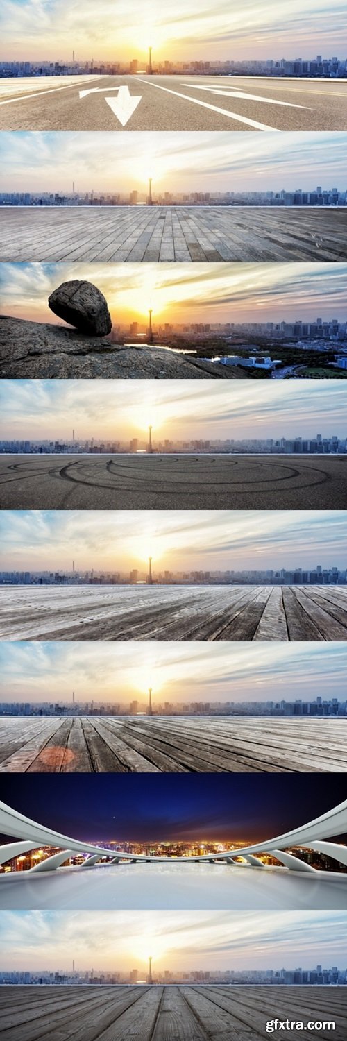 Panoramic skyline and buildings with empty wooden board 2