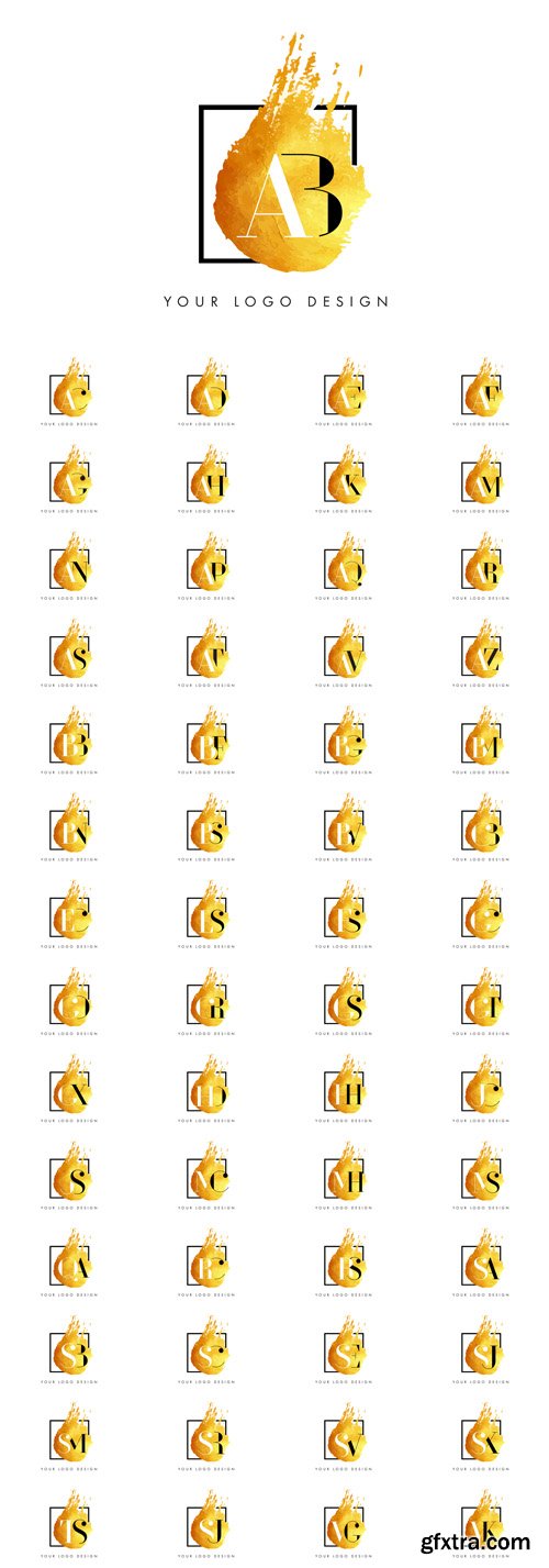 Vector Set - Gold Letter Logos Painted Brush Texture Strokes Vector Set - Gold Letter Logos Painted Brush Texture Strokes