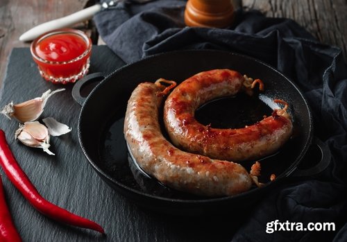 Collection of fried sausage quick breakfast grilled barbecue German sausages 25 HQ Jpeg