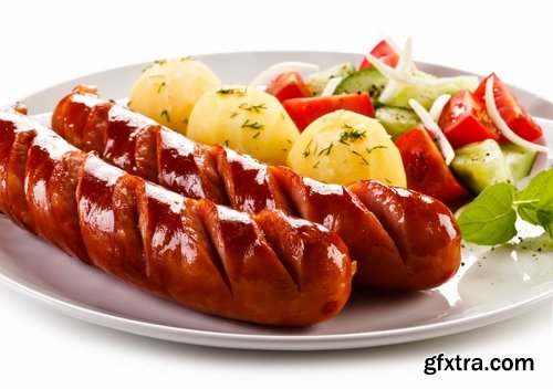 Collection of fried sausage quick breakfast grilled barbecue German sausages 25 HQ Jpeg