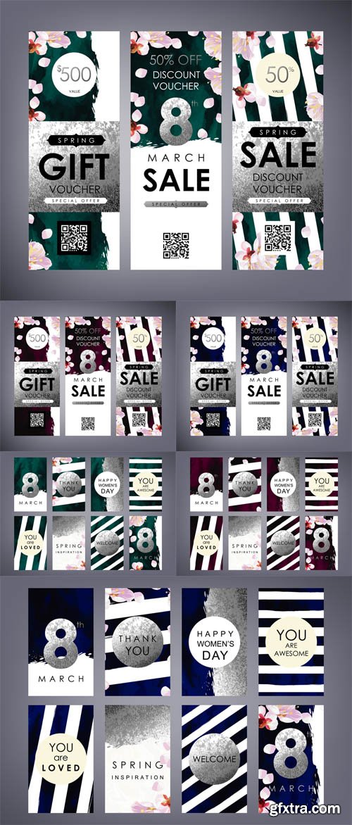 Vector Set - International Women's Day cards and Gift certificate, Voucher, Coupon template with plum tree flowers Vector Set - International Women's Day cards and Gift certificate, Voucher, Coupon template with plum tree flowers