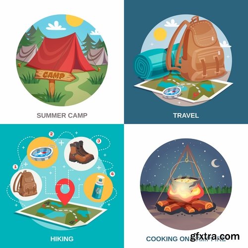 Travel Collection of infographics country camping equipment flyer banner vector image 25 EPS