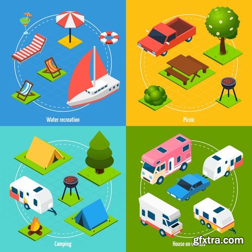 Travel Collection of infographics country camping equipment flyer banner vector image 25 EPS