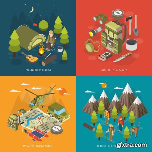 Travel Collection of infographics country camping equipment flyer banner vector image 25 EPS