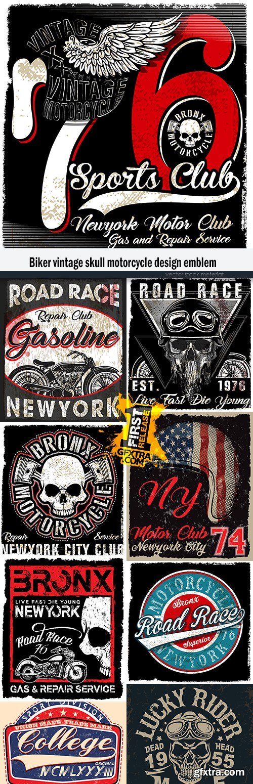 Biker vintage skull motorcycle design emblem