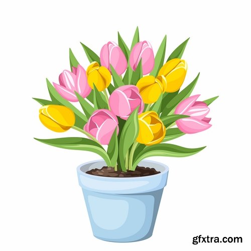 Collection of tulip snowdrop flower basket Spring warmth flyer banner card cover 25 EPS