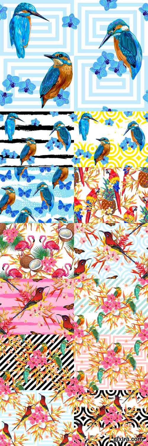 Vector Set - Seamless Summer Tropical Pattern with Birds Vector Set - Seamless Summer Tropical Pattern with Birds