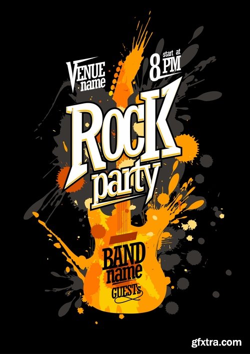 Collection of disco party flyer banner fireworks rock concert jazz guitar 24 EPS