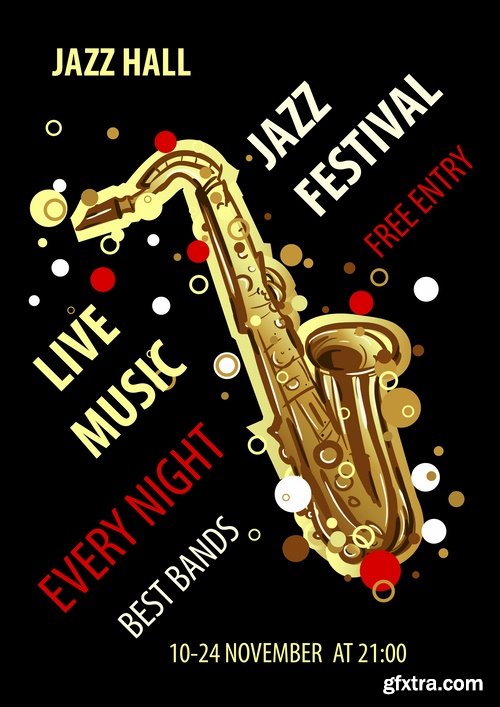 Collection of disco party flyer banner fireworks rock concert jazz guitar 24 EPS