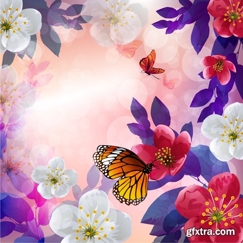 Spring vector background with flowers and butterflies