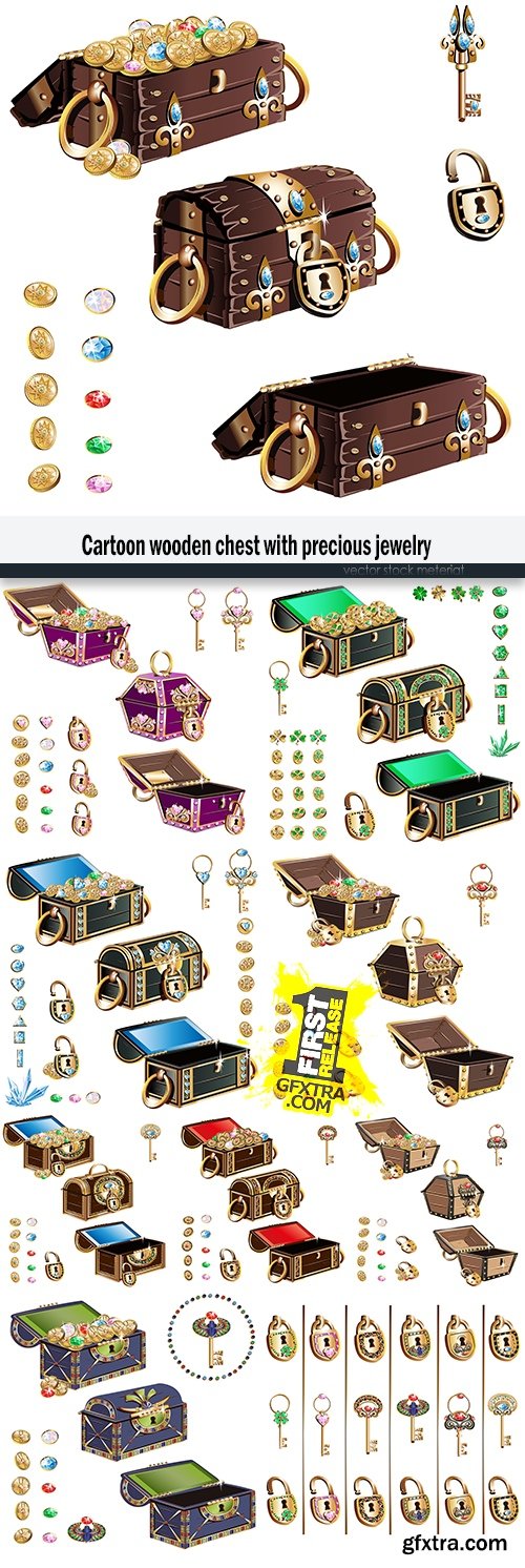 Cartoon wooden chest with precious jewelry