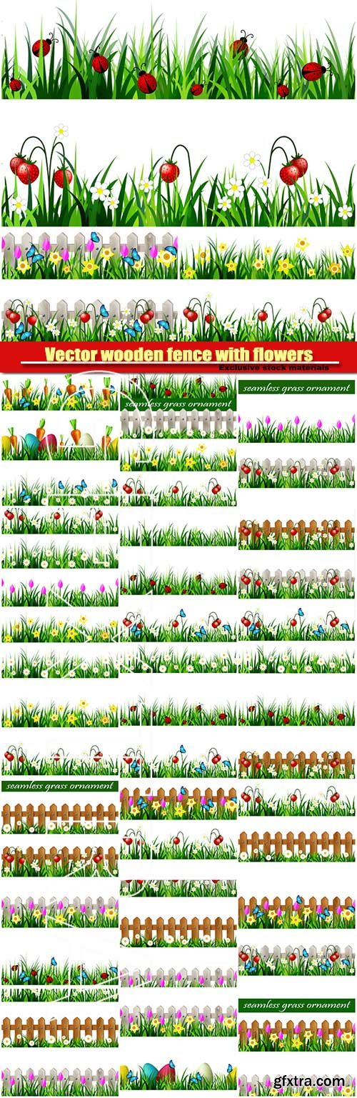 Vector wooden fence with flowers pink tulips and yellow daffodils borders seamless