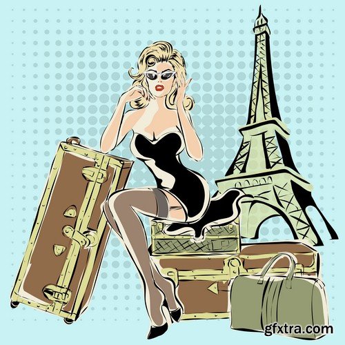 Girl and Eiffel tower illustration - 8 EPS