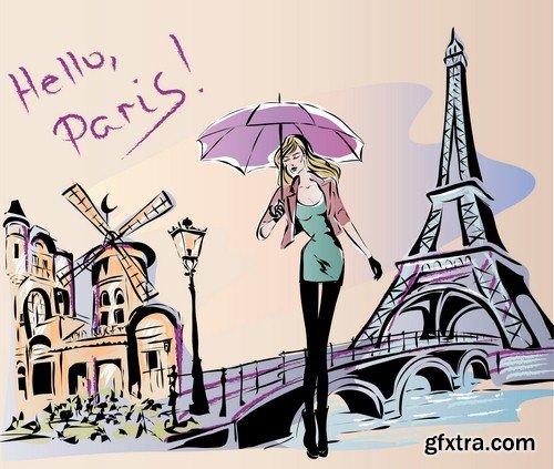 Girl and Eiffel tower illustration - 8 EPS