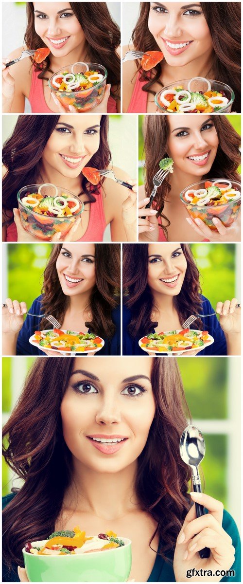 Brunette woman with vegetarian vegetable salad 7X JPEG