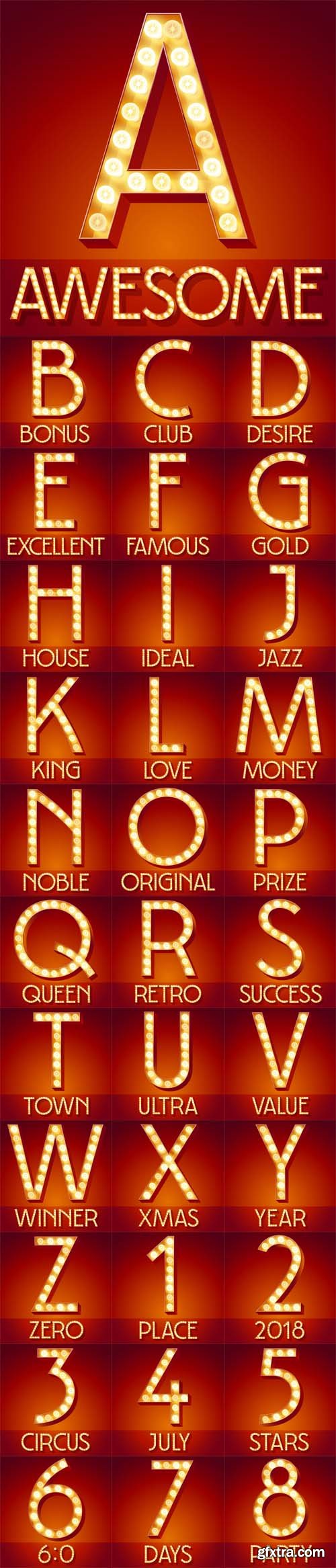 Vector Set - Chic Retro Light up Font with Glowing Lamp. Gold Letter