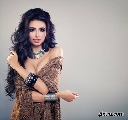 Brunette Woman with Curly Hair and Perfect Makeup - Fashion Model