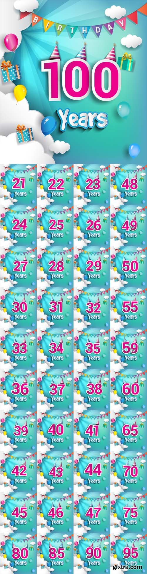 Vector Set - Birthday Celebration Design, with Clouds and Balloons Vector Set - Birthday Celebration Design, with Clouds and Balloons