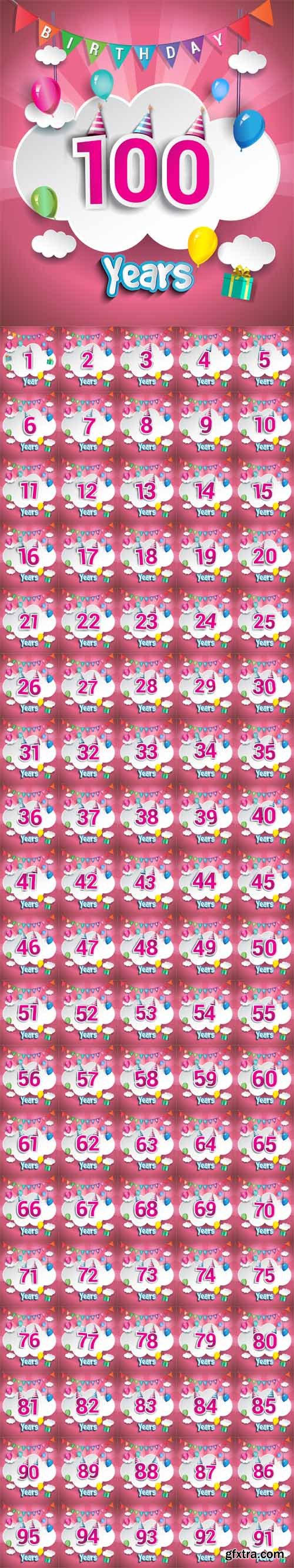 Vector Set - Anniversary Celebration Design, with Clouds and Balloons Vector Set - Anniversary Celebration Design, with Clouds and Balloons