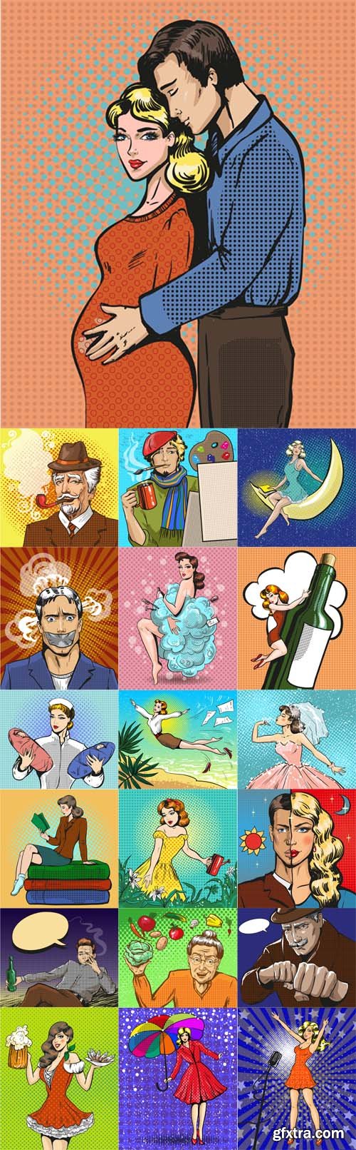 Vector Set - Women and Man Pop art Illustrations