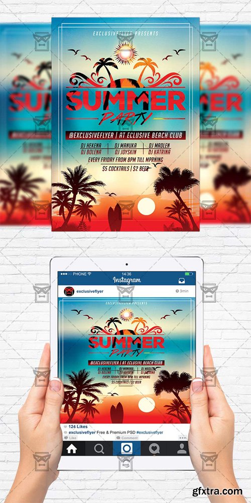 Summer Sunset Party - Flyer Template + Instagram Size Flyer