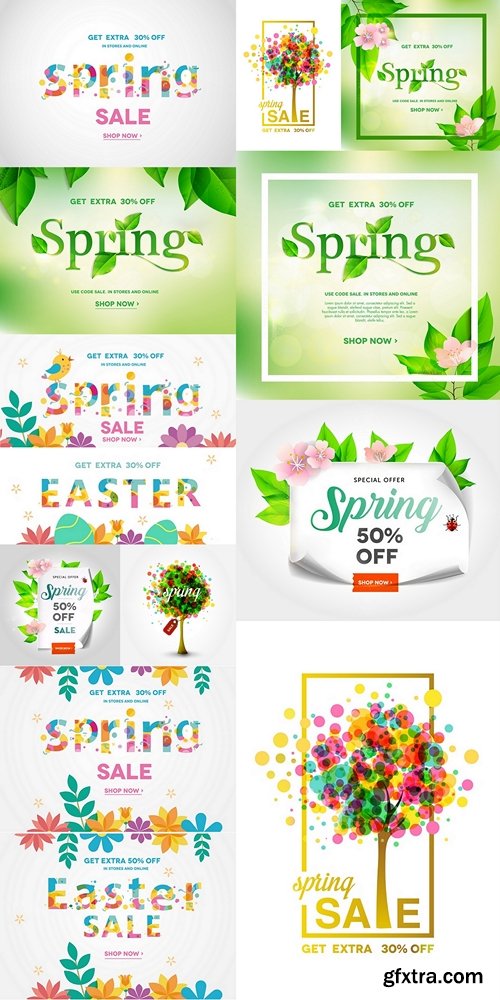 Spring sale background with beautiful fresh leafs and blooming flowers