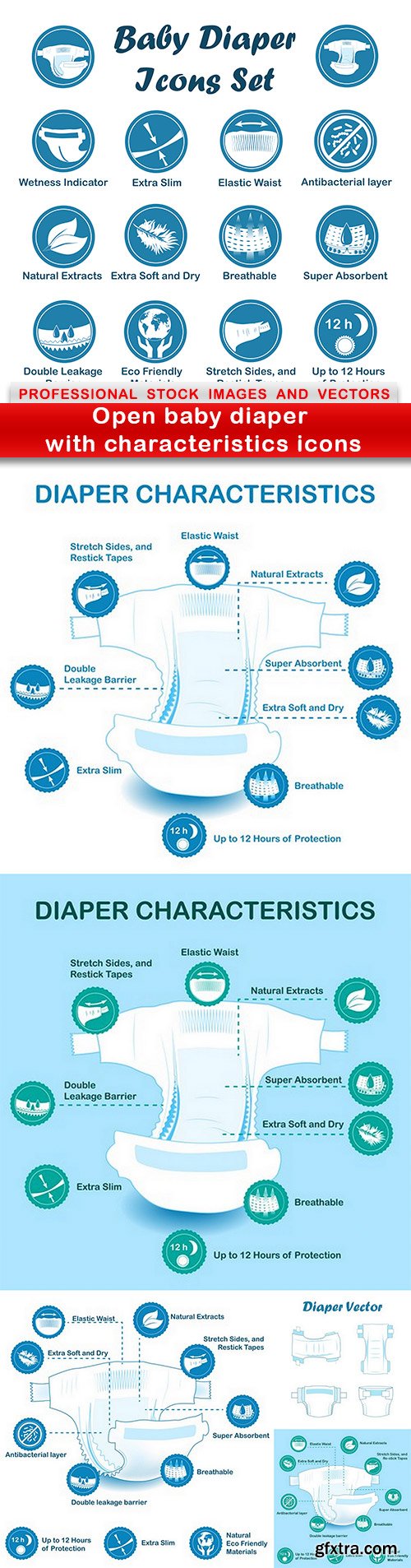 Open baby diaper with characteristics icons - 6 EPS