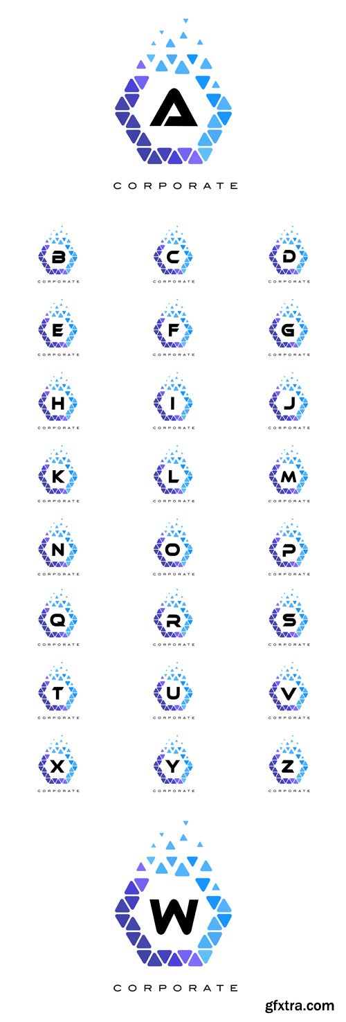 Vector Set - Blue Hexagon Letter Logos with Triangles Vector Set - Blue Hexagon Letter Logos with Triangles