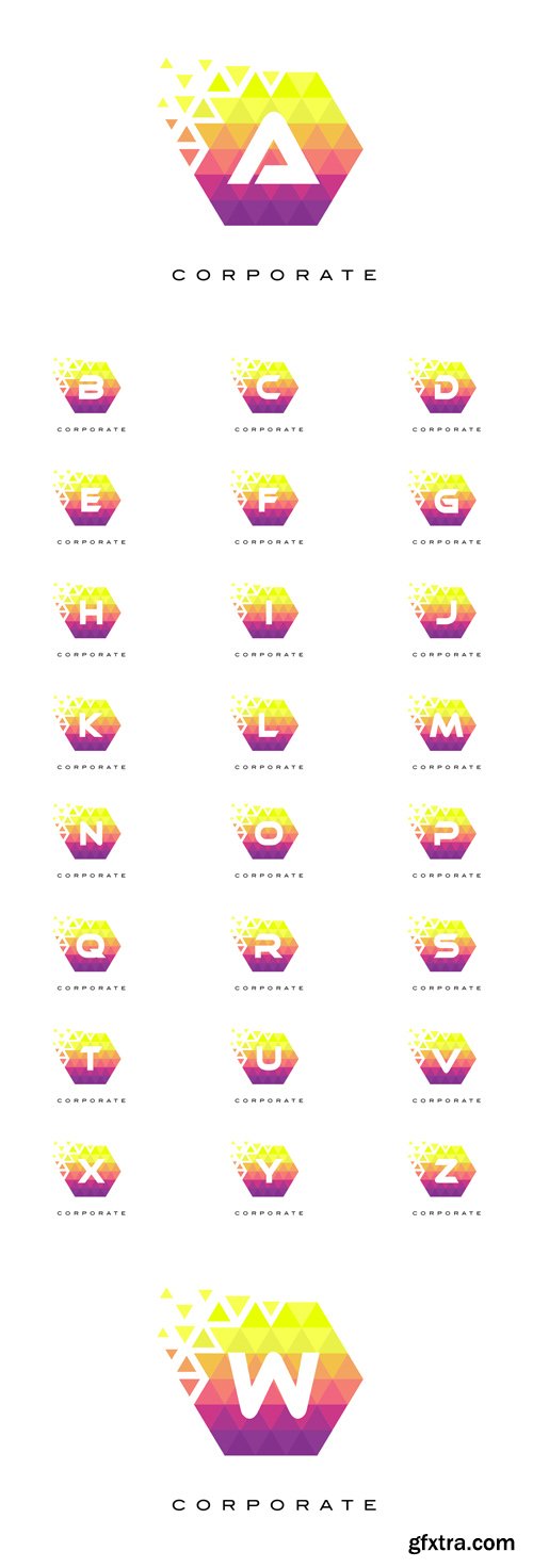 Vector Set - Colorful Hexagonal Letter Logos Design with Rainbow Mosaic Pattern