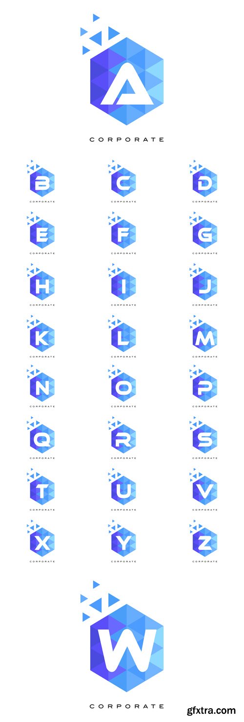 Vector Set - Blue Hexagonal Letter Logos Design with Mosaic Pattern 2