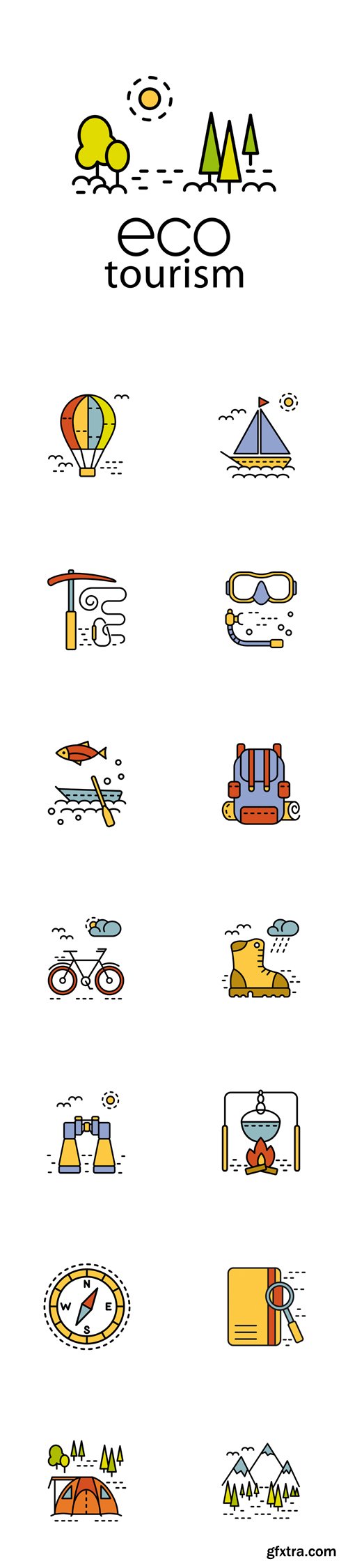 Vector Set - Eco Tourism Icons Isolated on White Vector Set - Eco Tourism Icons Isolated on White