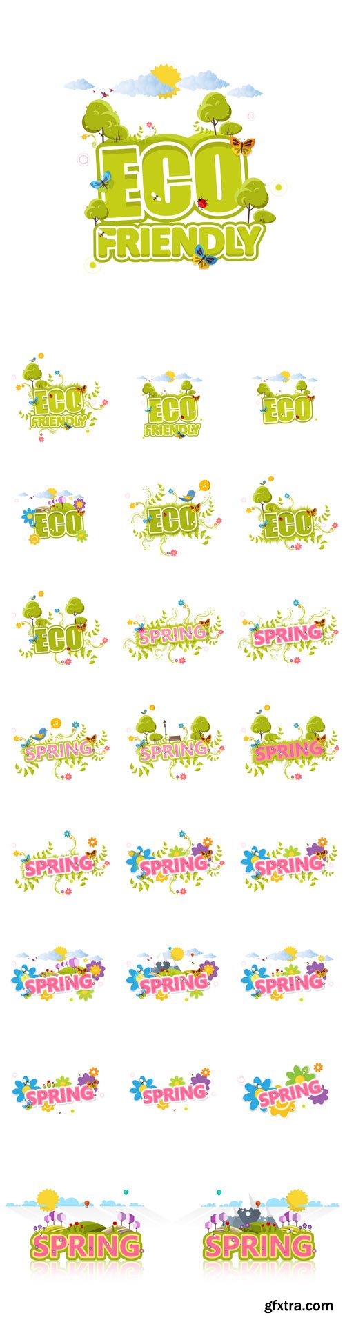 Vector Set - Creative Eco and Spring Labels with Flowers and Green Bush