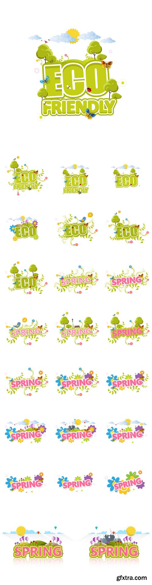 Vector Set - Creative Eco and Spring Labels with Flowers and Green Bush Vector Set - Creative Eco and Spring Labels with Flowers and Green Bush