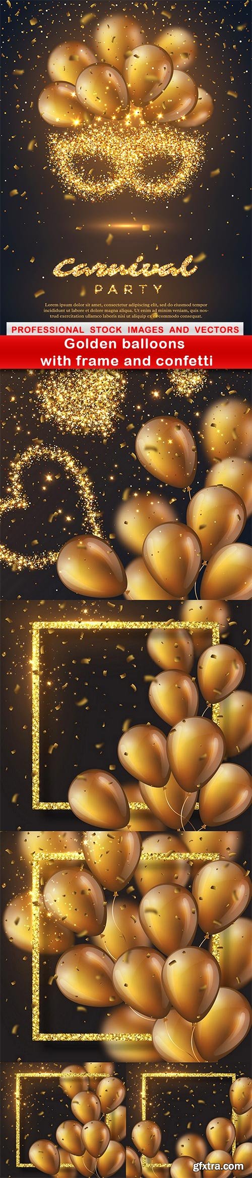 Golden balloons with frame and confetti - 6 EPS