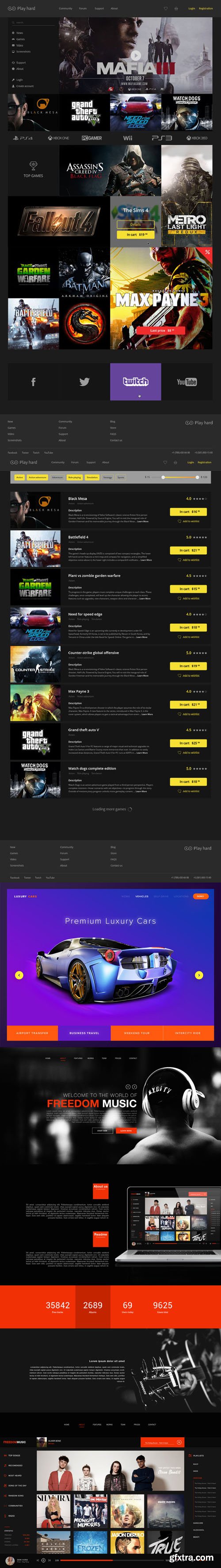 Gaming eCommerce, Music Player and Sports Car Website PSD Templates