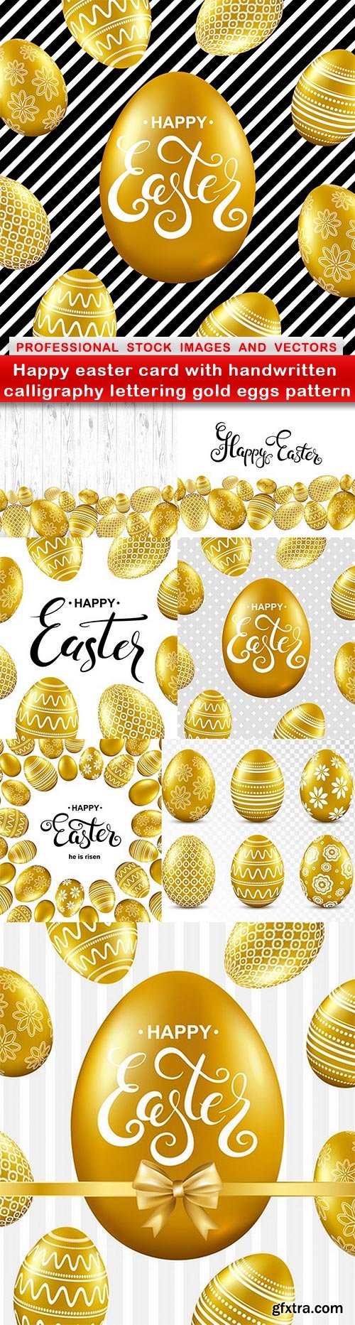 Happy easter card with handwritten calligraphy lettering gold eggs pattern - 8 EPS