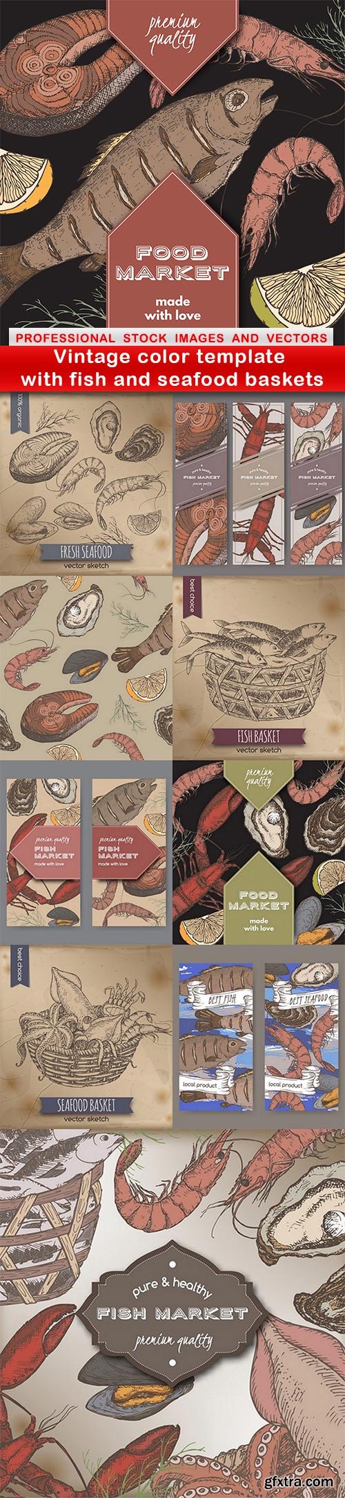 Vintage color template with fish and seafood baskets - 10 EPS