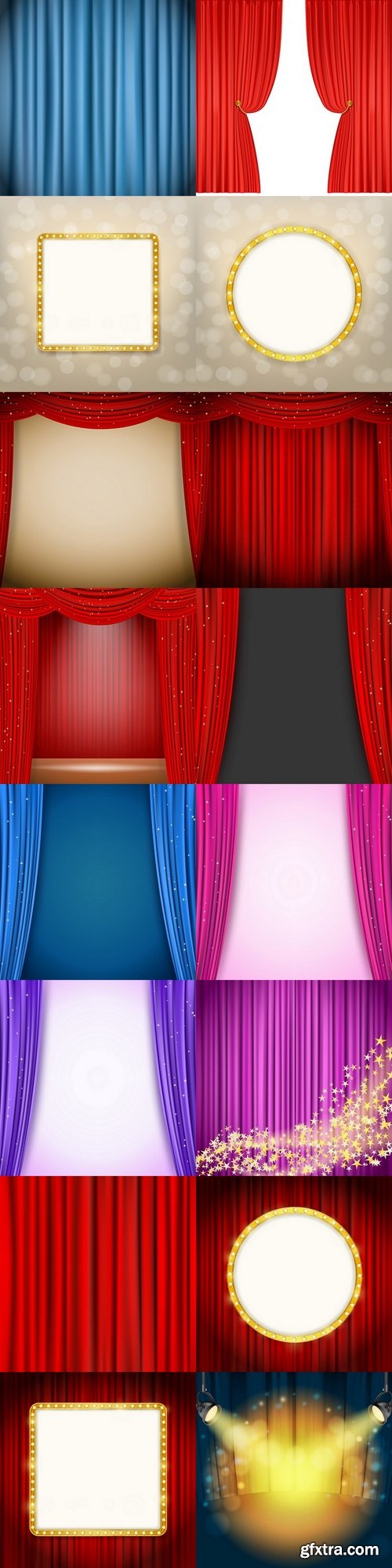 Оpen red curtains with glittering stars background