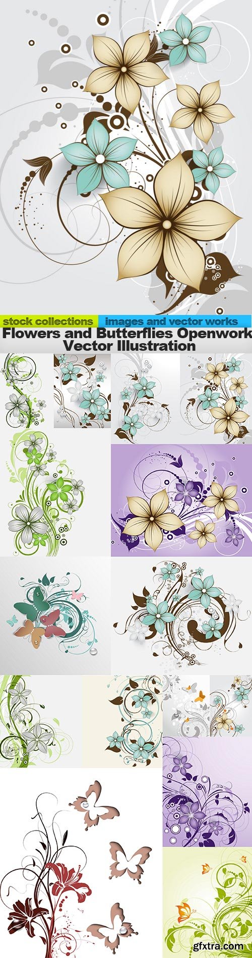 Flowers and Butterflies Openwork Vector Illustration, 15 x EPS