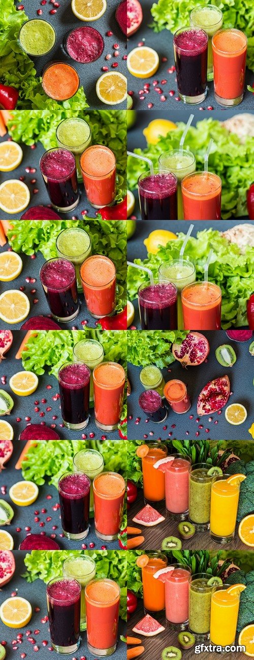 Detox diet. Healthy eating. Different colorful fresh juices, vegetables and fruits 3